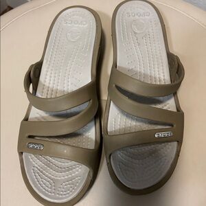 CROCS Beige Tan Double Strap Patricia Wedge Slides Women Size 7